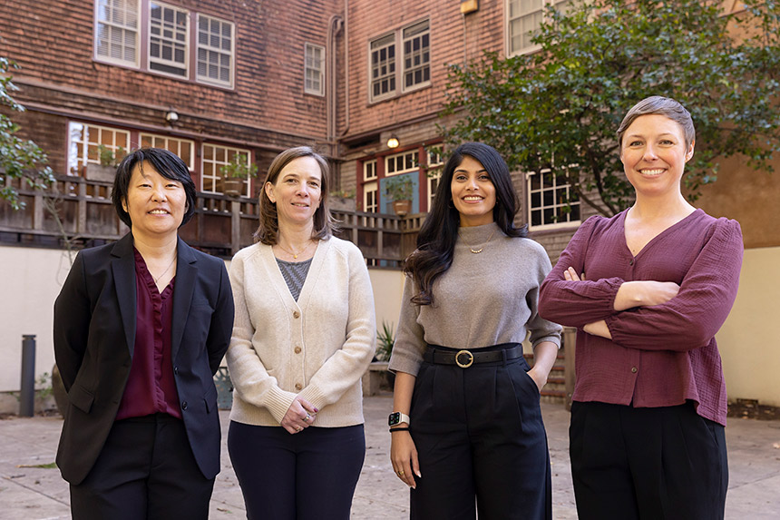 Christina Chung, Louise Bedsworth, Angeli Patel ’20, and Betsy Popken are now at the helm of four of Berkeley Law’s pathbreaking research centers. Photo credit: Brittany Hosea-Small