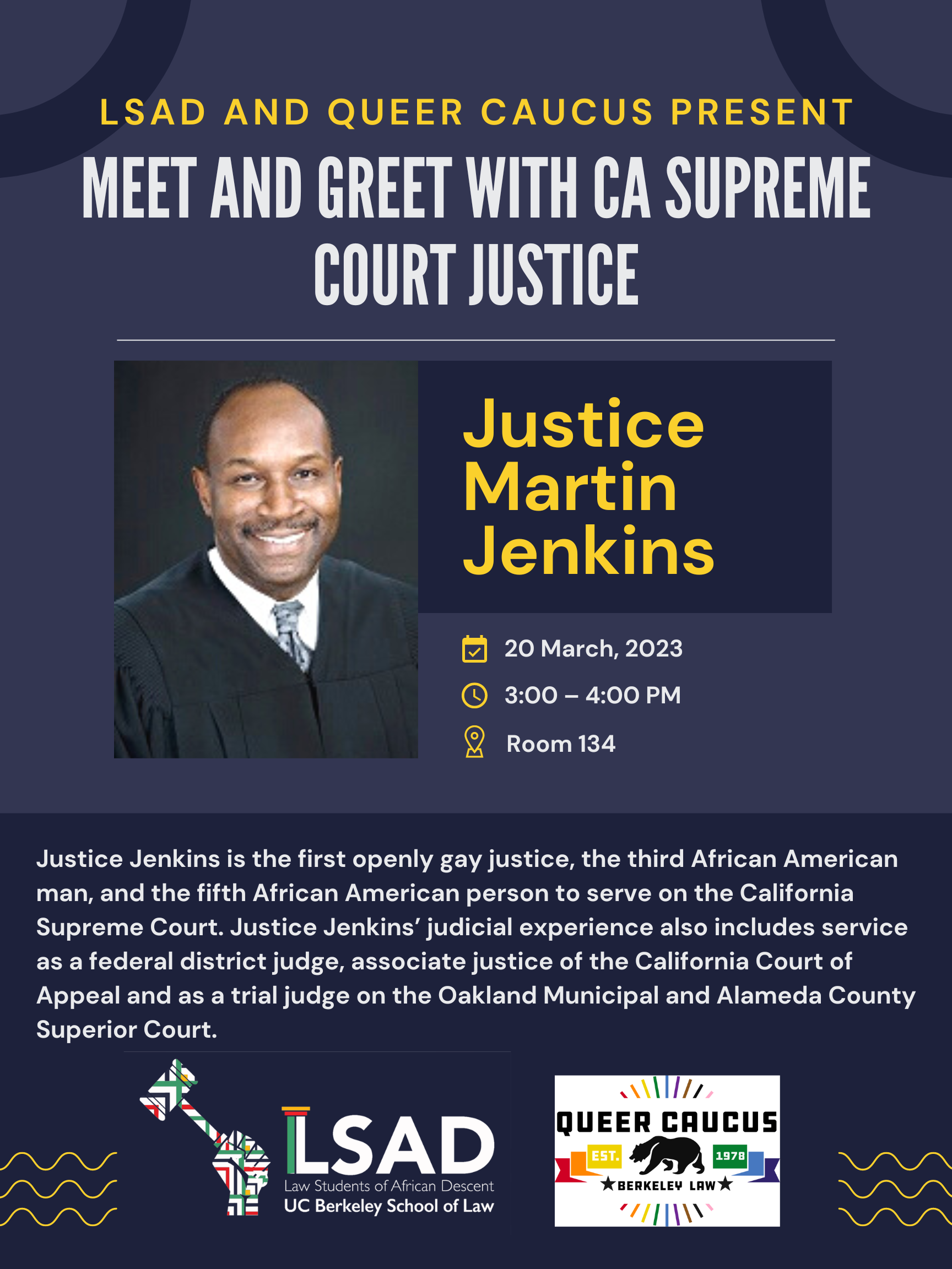 Flyer for Meet & Greet event. Contains event details, Justice Jenkin's bio, and a professional photo of the Justice in black judge's robe.