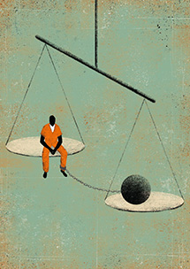 Illustration of a prisoner on one side of a scale and a ball and chain on the other side of the scale