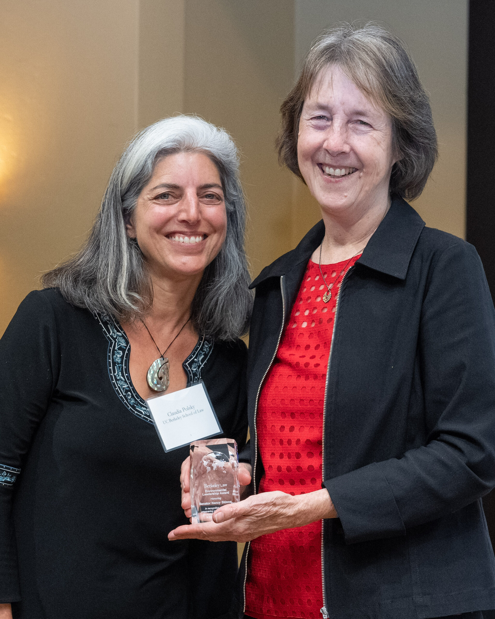 Prof. Claudia Polsky presents the Environmental Leadership Award to Sen. Nancy Skinner