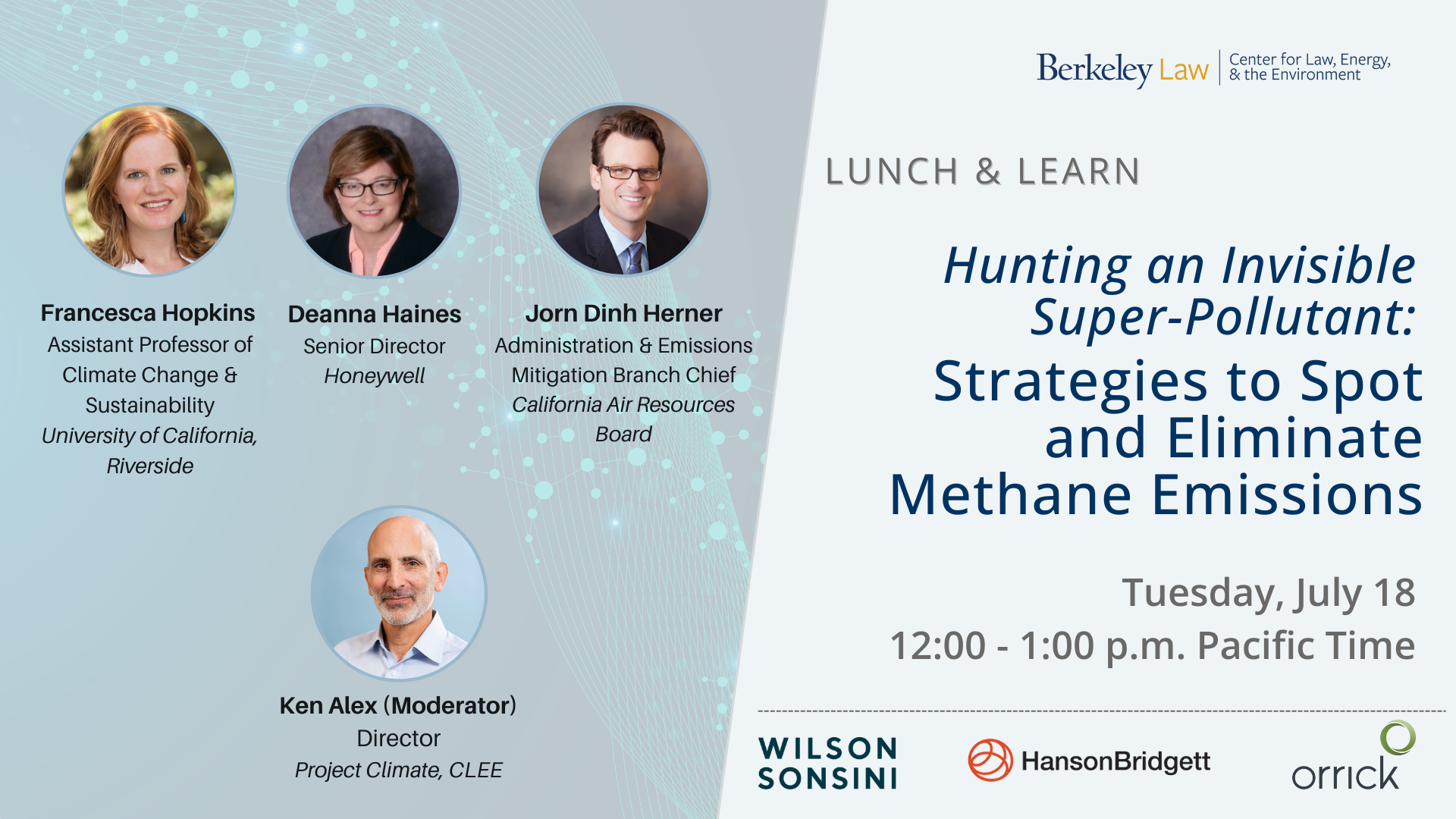 Event flyer for CLEE Methane Lunch & Learn with panelist headshots, event title, sponsor logos, and date and time. All event details are written below the photo.