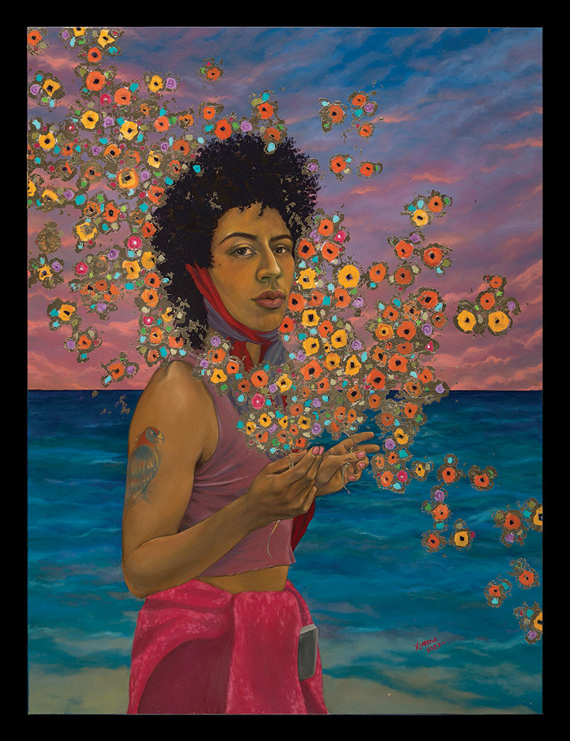 Portrait of Aida Rogers by the sea with flowers
