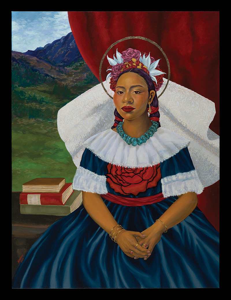 Portrait of a Native woman seated in blue dress, white flowered headdress, in front a red curtain, with books beside her and green hills in the background