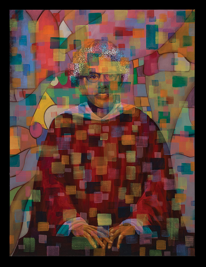 A portrait of Paul Murray seated in judicial robes, overlaid with squares of textured color
