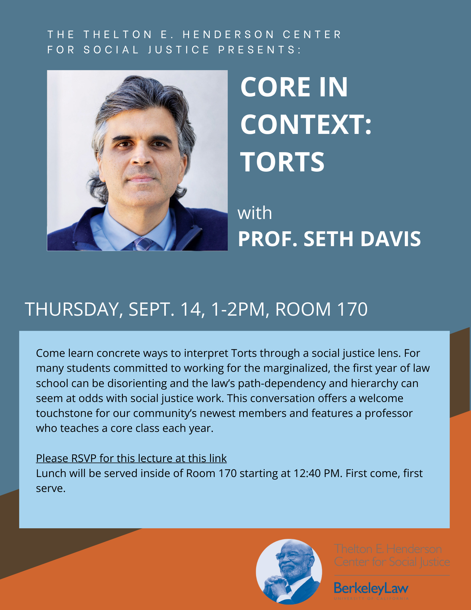 Image of Prof. Seth Davis against blue background with event text