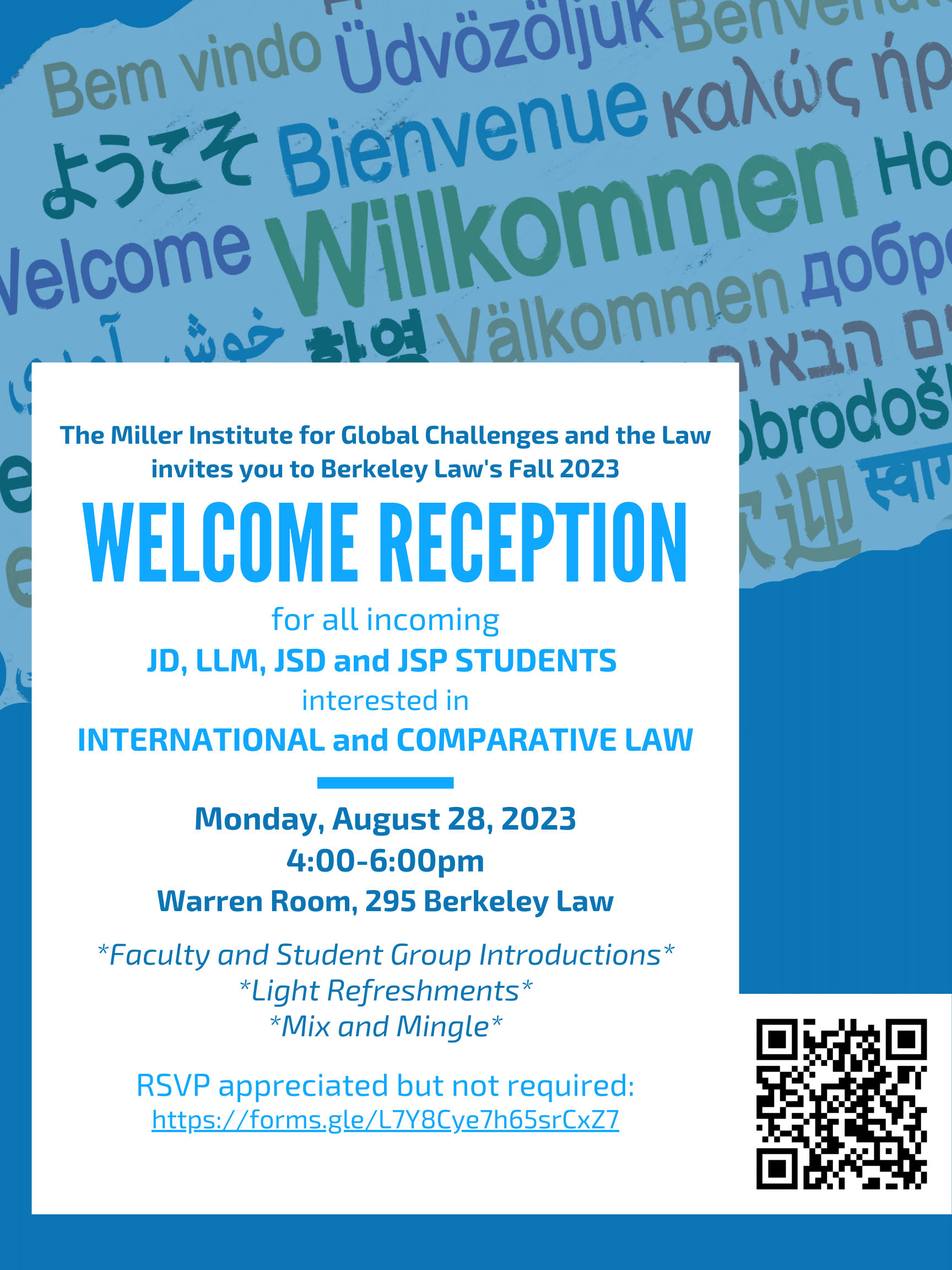 August 28 event flyer Miller Fall 2023 Welcome Reception