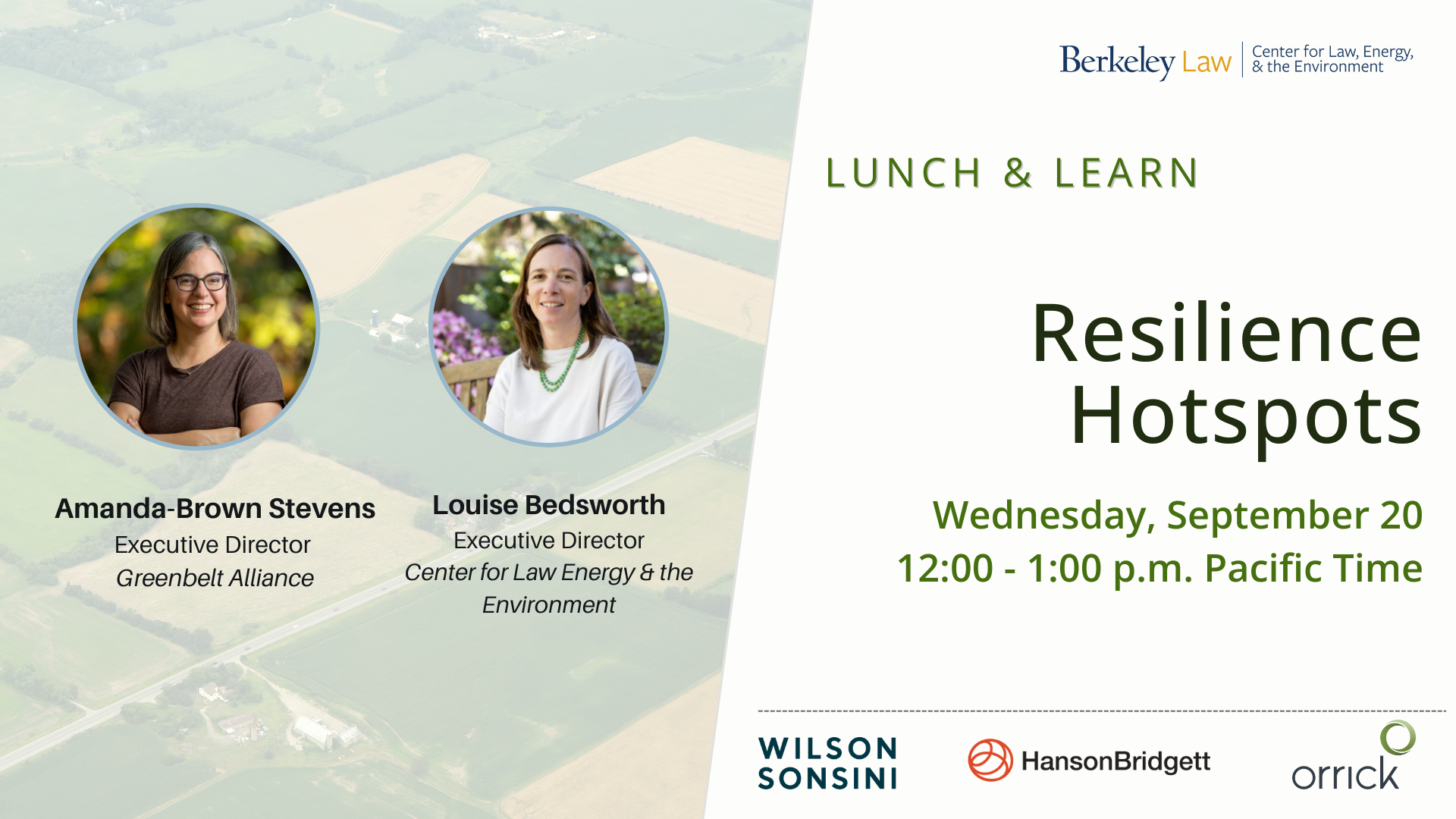 Flyer with agricultural land background, with panelist headshots of Amanda Brown-Stevens and Louise Bedsworth. Includes event title, location, and sponsor logos. Text description below.