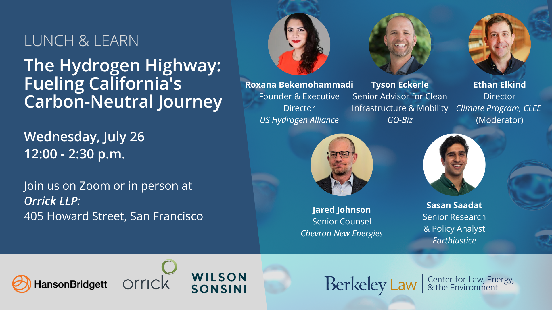 Flyer with headshots of panelists, titled 'The Hydrogen Highway.' Event description text below image.