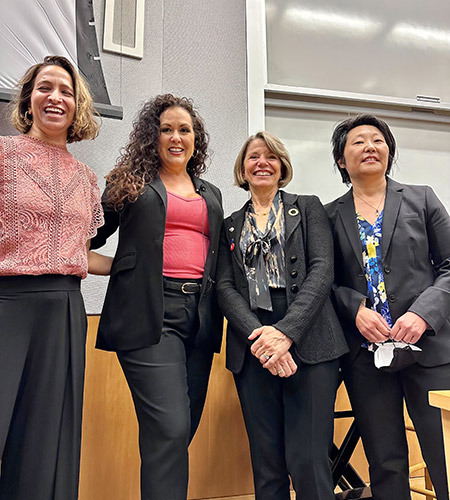 (From left) Professor and Center for Law and Work Co-Faculty Director Diana Reddy, California Labor Federation Chief Officer Lorena Gonzalez Fletcher, Professor and center Co-Faculty Director Catherine Fisk '86, and center Executive Director Christina Chung before Fletcher's talk at Berkeley Law. 
