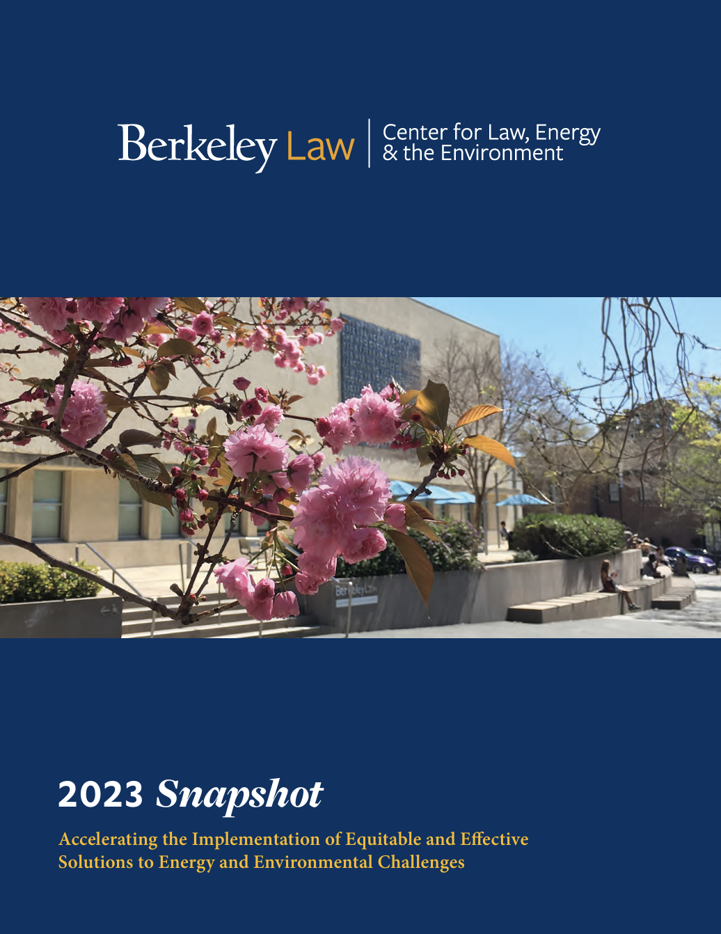 Blue background with annual report cover. Berkeley building photo in the center with flowers.