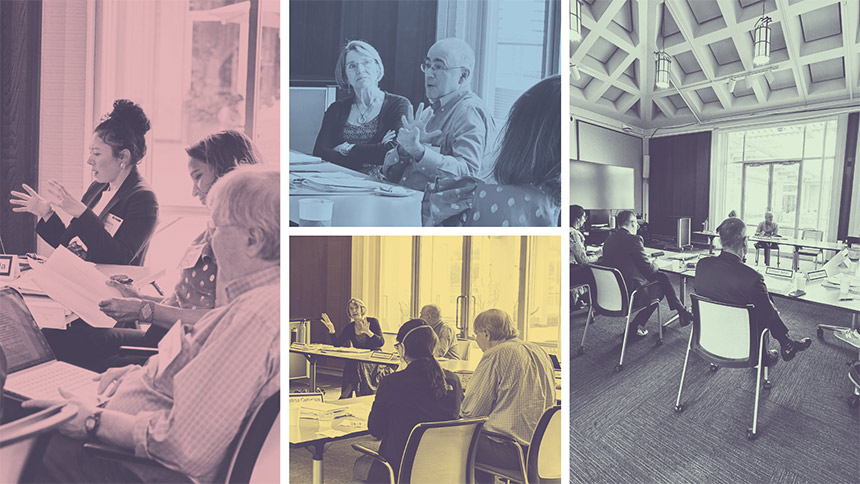 Collage of people around table at a conference