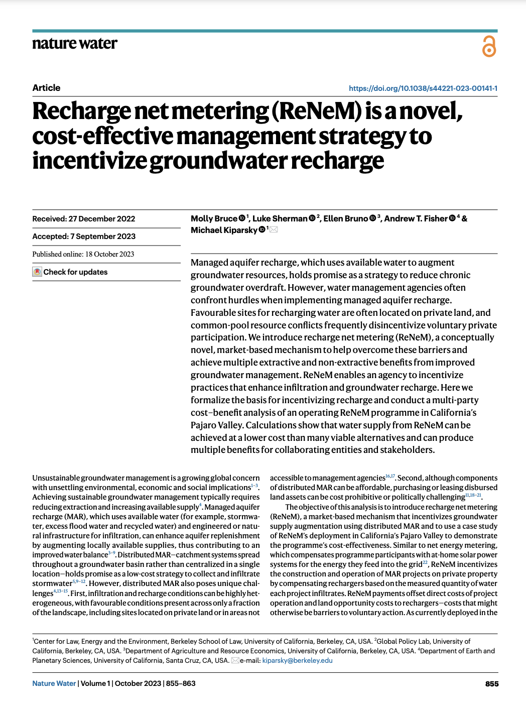 First page of publication titled, 'Recharge net metering (ReNeM) is a novel, cost-effective management strategy to incentivize groundwater recharge.' Full publication PDF linked below.