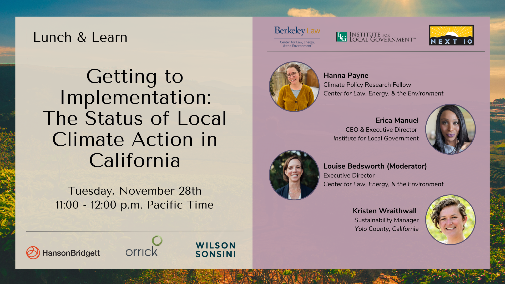 Lunch and learn flyer with event title and date on the left half on a beige background and a list of panelists with their headshots on the right half on a pink background 