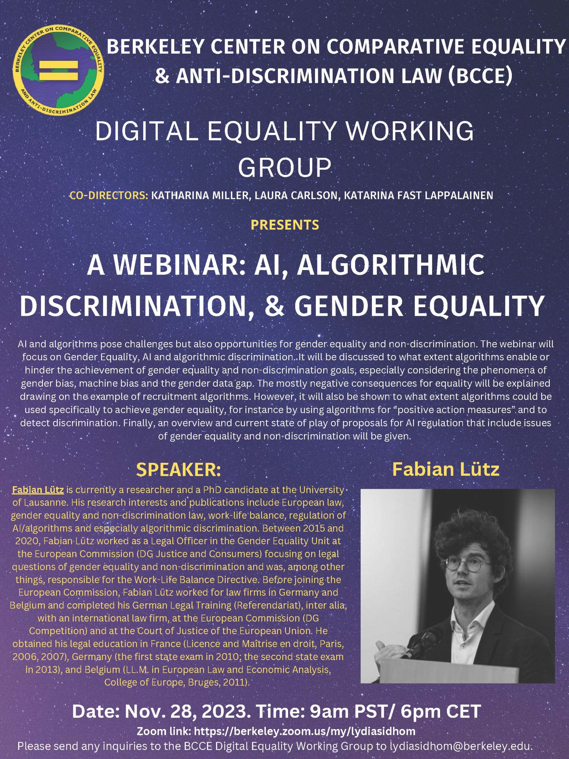 Flyer for AI, Algorithmic Discrimination, & Gender Equality 