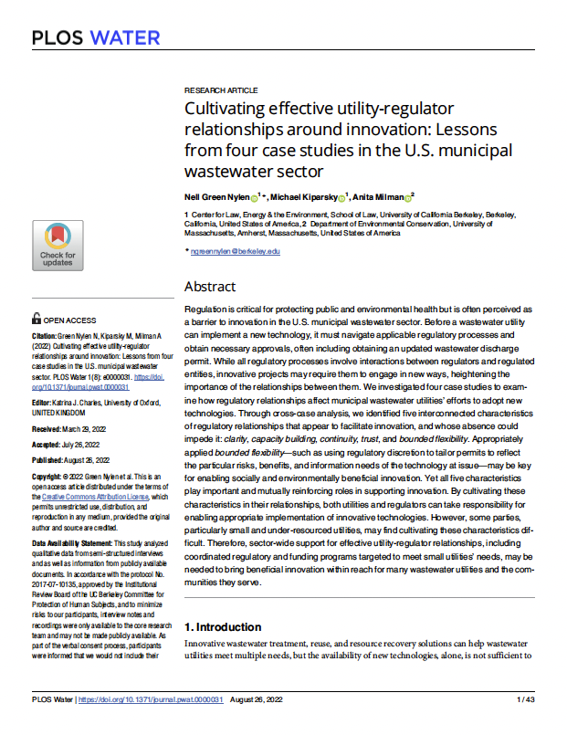 Cover of article entitled "Cultivating effective utility-regulator relationships around innovation: Lessons from four case studies in the U.S. municipal wastewater sector"