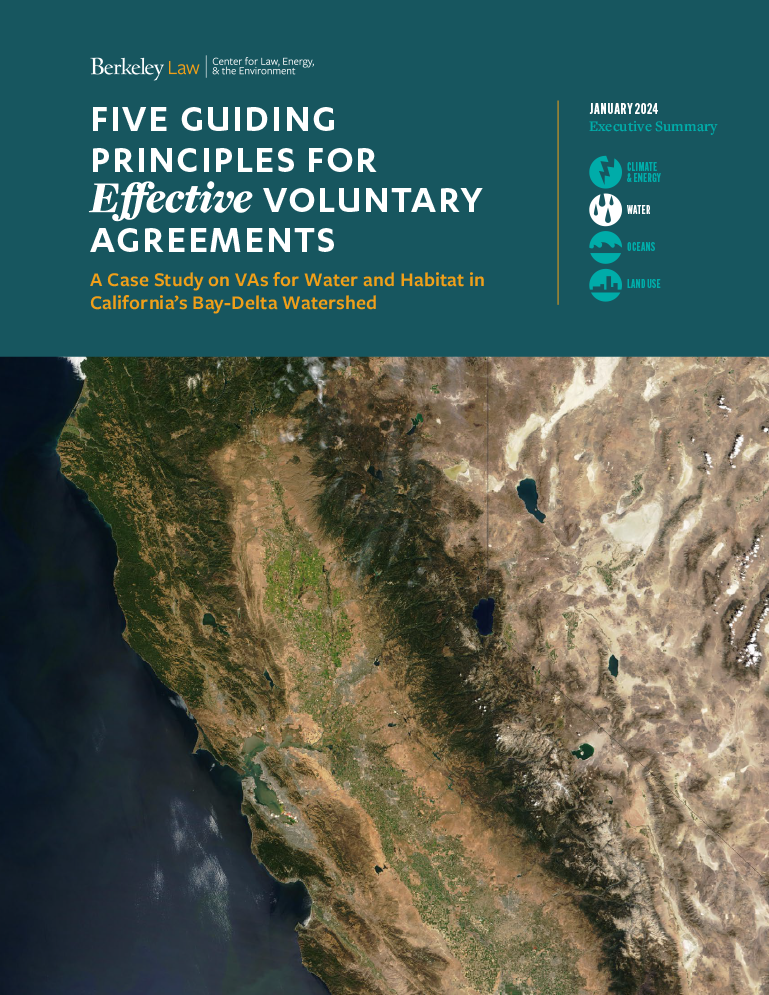 Cover of the executive summary for the policy paper "Five Guiding Principles for Effective Voluntary Agreements: A Case Study on VAs for Water and Habitat  in California’s Bay-Delta Watershed"