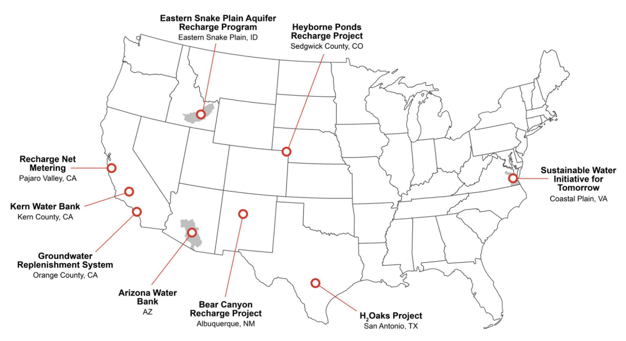 Map of the United States showing the geographic distribution of the case studies in the special collection. There are 3 in California and one each in Arizona, New Mexico, Texas, Colorado, Idaho, and Virginia.