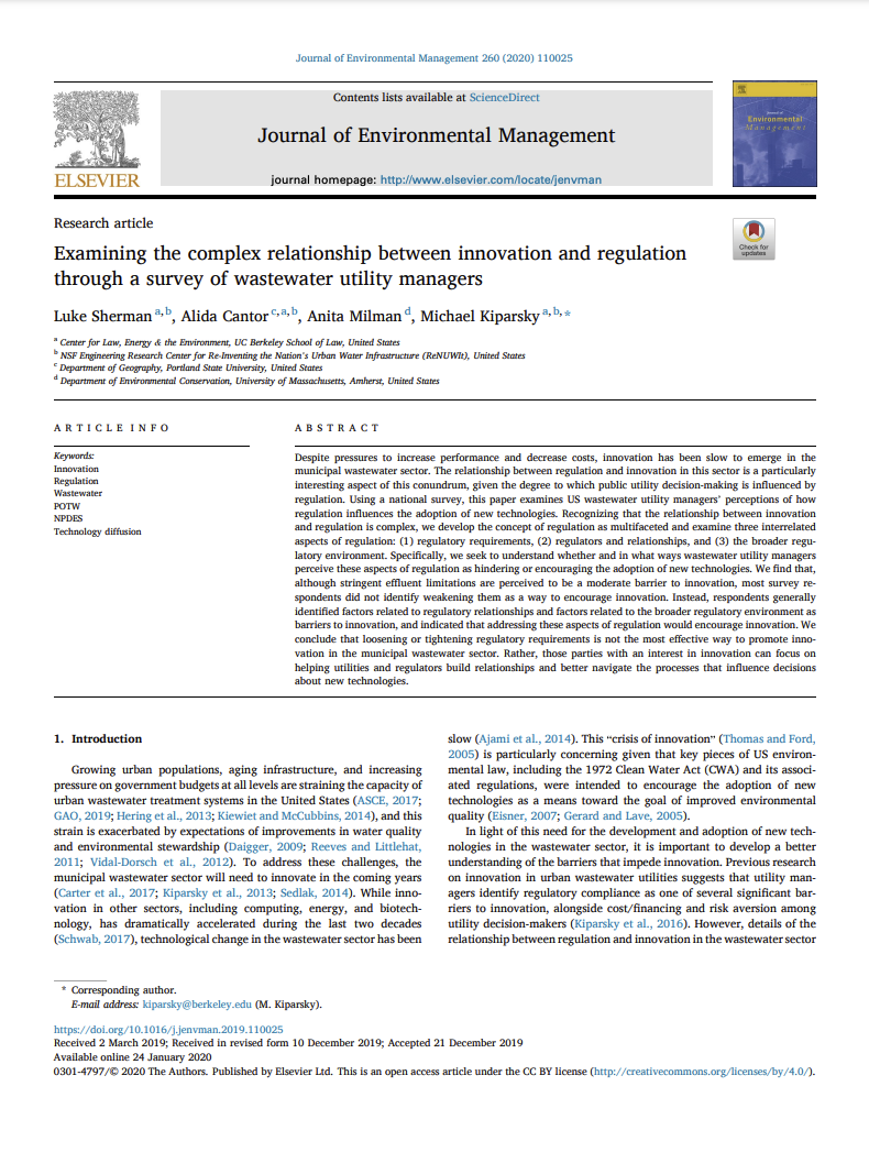 First page of article on "Examining the complex relationship between innovation and regulation through a survey of wastewater utility managers"