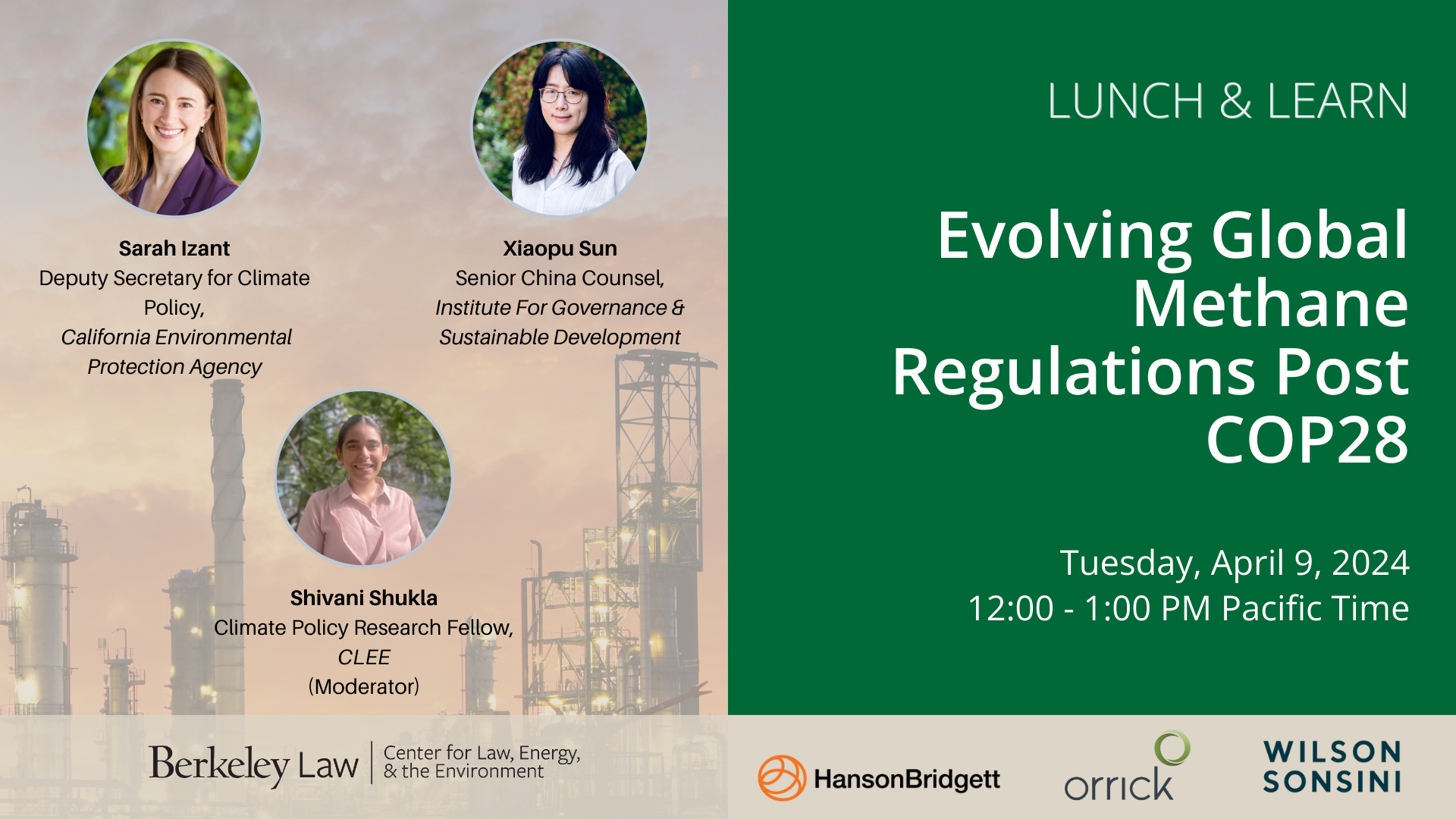 Lunch & Learn: Evolving Global Methane Regulations Post COP28 on a green background with our three panelists listed on the left.