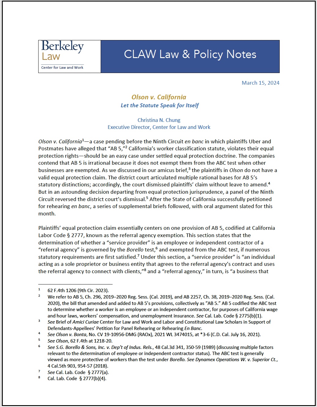 Olson v. California CLAW Note Cover page