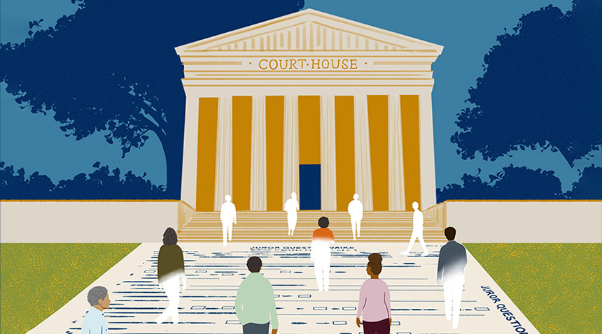 Illustration of courthouse with diverse people walking up the steps
