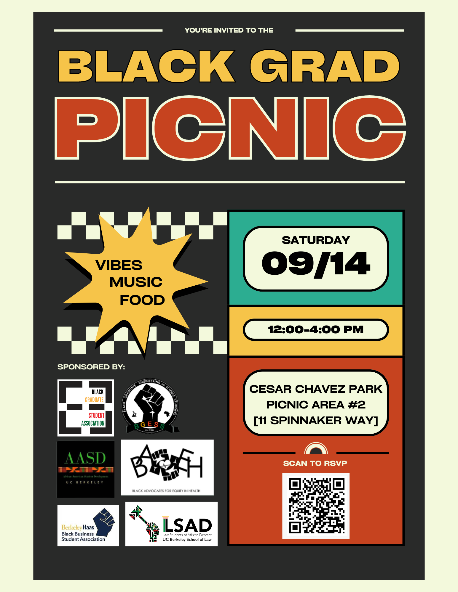 Colorful flyer with the logos of various organizations such as LSAD. There will be music, vibes, and food.
