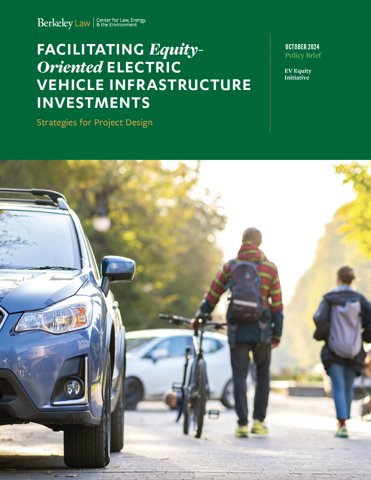 Report cover with report title (also listed in the text below) on green banner, with decorative photo of cars, someone walking a bike, and someone walking alone.