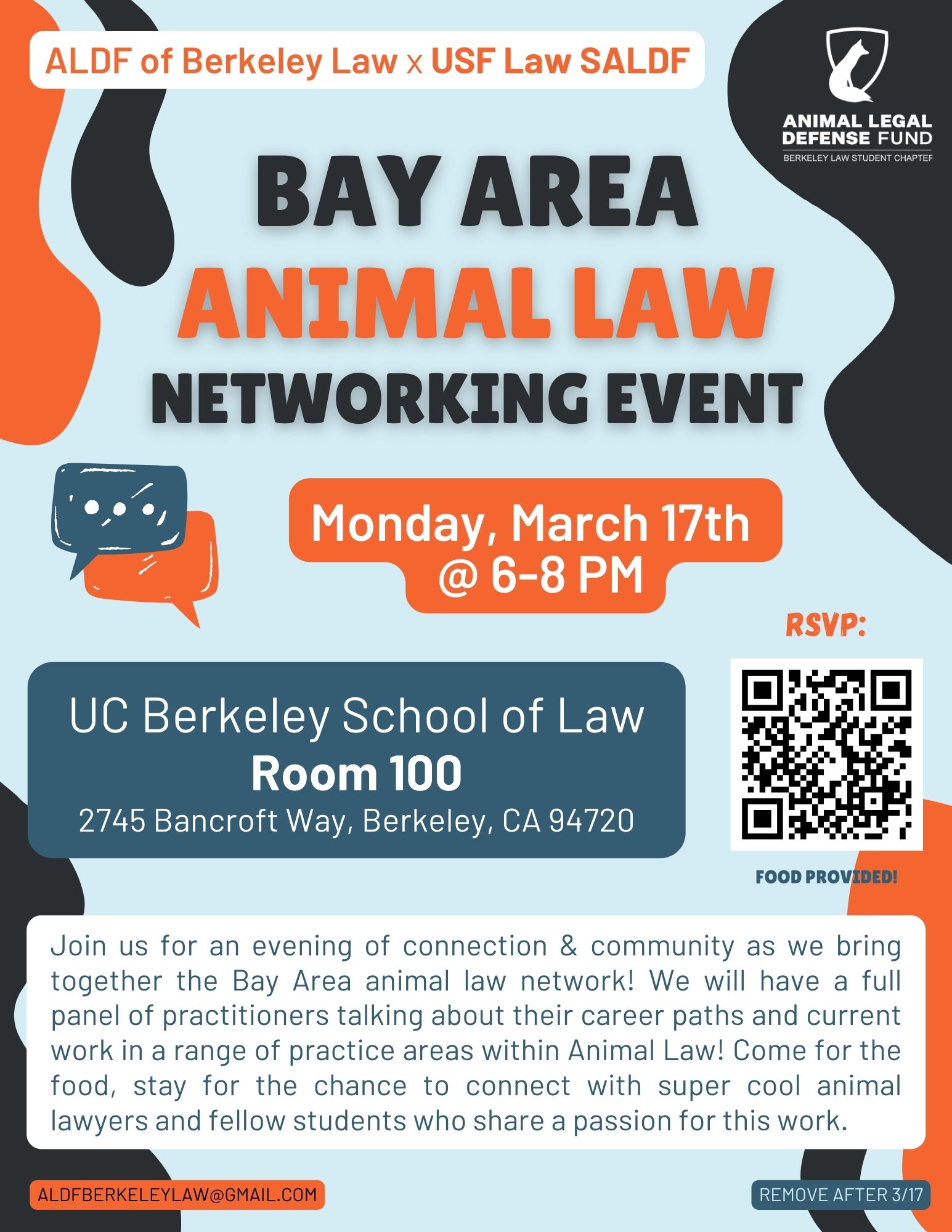 Join us for an evening of connection and community as we bring together the Bay Area animal law network! We will have a panel of practitioners talking about their career paths and current work in Animal Law.