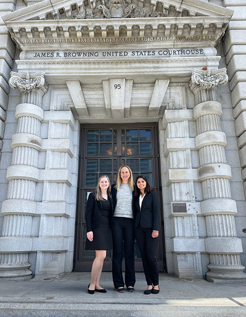 Nicole Conrad ’22, Ninth Circuit Practicum supervisor Amalia Wille, and Joya Manjur ’22 after their argument before the U.S. Ninth Circuit Court of Appeals.