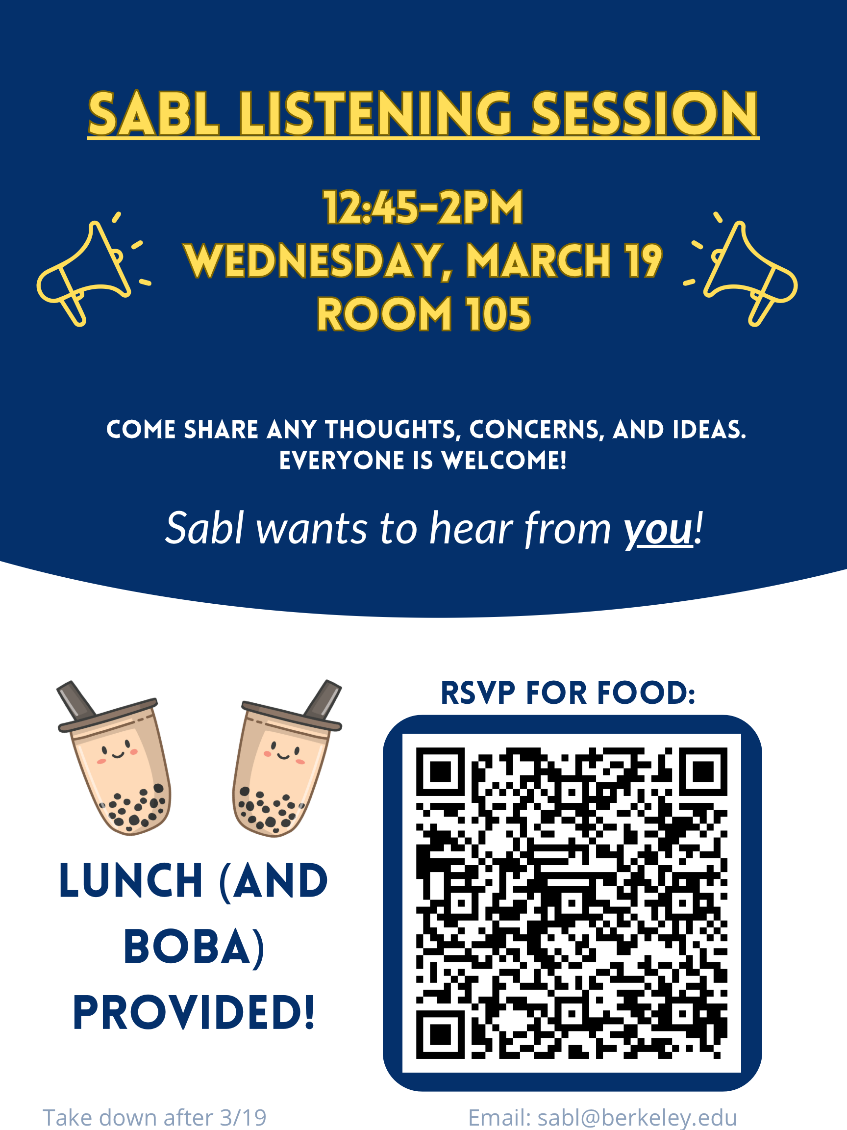SABL listening session. 12:45-2PM Wednesday, March 19th.