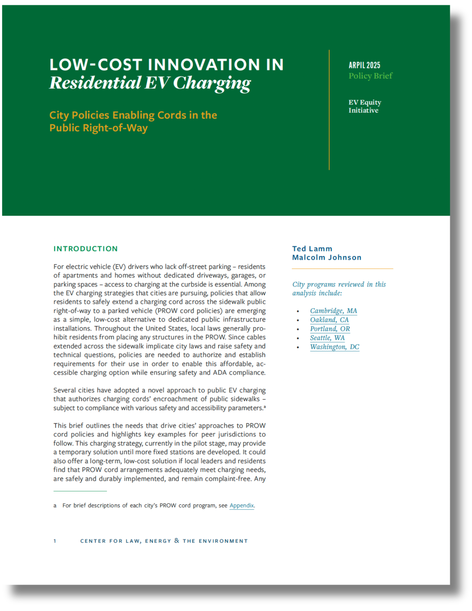 First page of CLEE report, 'Low-Cost Innovation in Residential EV Charging: City Policies Enabling Cords in the Public Right-of-Way'. Full report can be found at link provided in text.