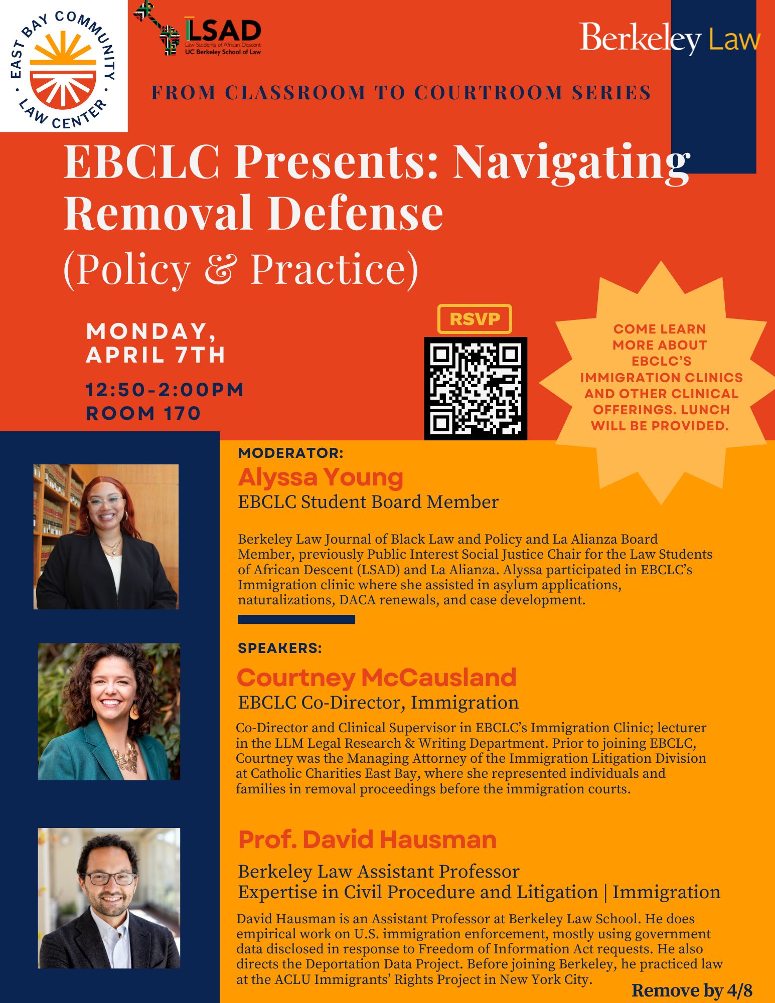 A flyer with three portraits of individuals on the leftside column, showing three featured speakers: a woman with red hair wearing a black blazer in front of bookcase, a woman wearing a turquoise blazer and a male with glasses in a dark blazer and colored shirt.