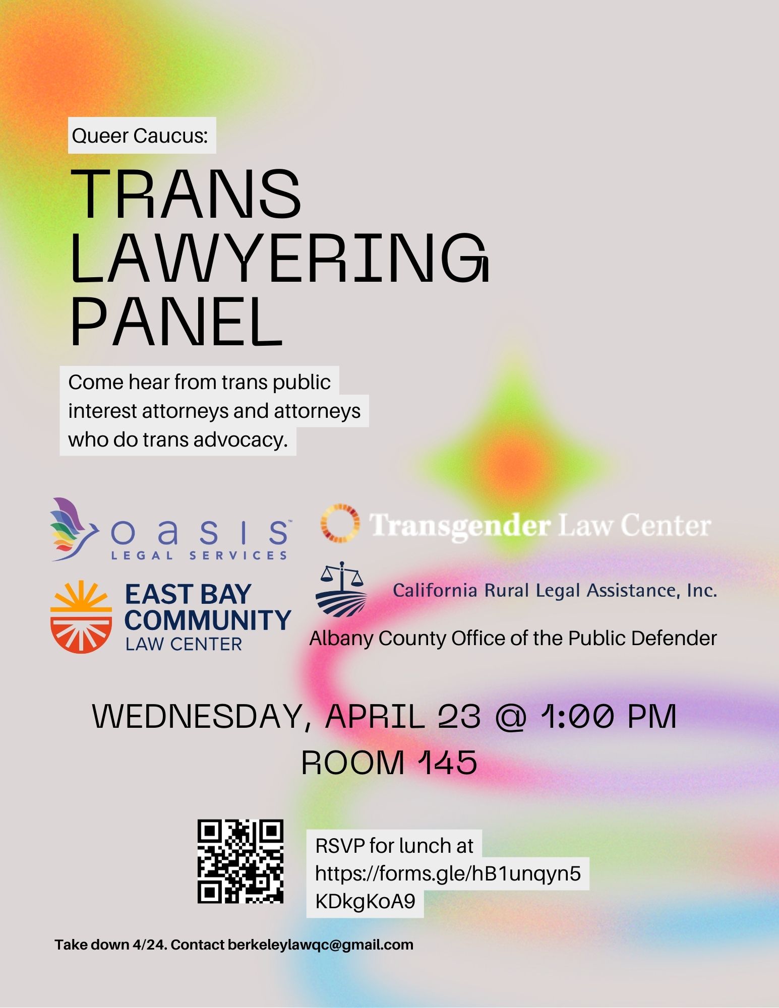 Flyer for Trans Lawyering Panel on 4/23/25 at 1:00 PM in room 145.