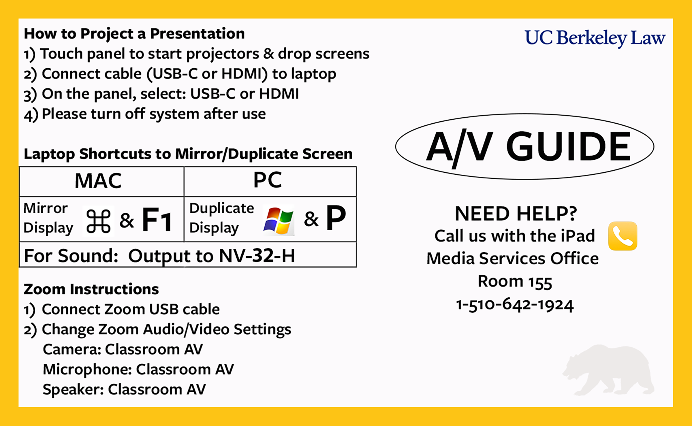 Information on classroom technical setup. NEED HELP? Call us with the iPad Call App. Media Services Office: Room 155. Phone number 1-510-642-1924