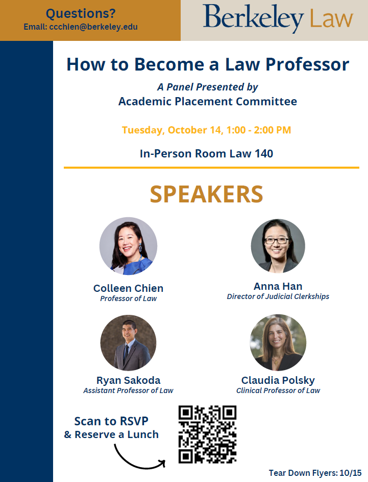 Flyer advertising Oct. 14 event in Room 140 at 1-2 p.m. for prospective law faculty