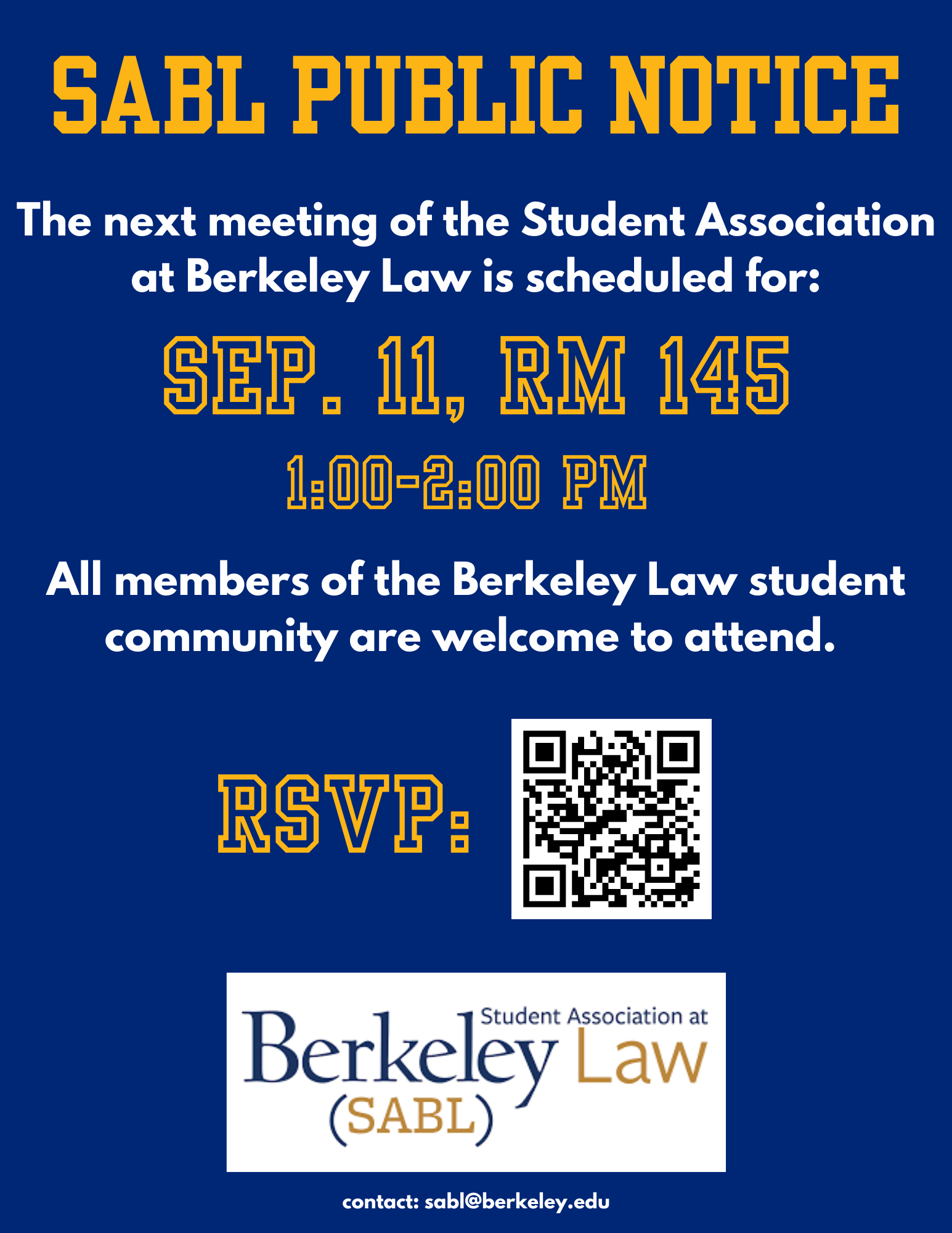 Flyer for the next SABL Board meeting on September 11 in Room 145 from 1:00-2:00 PM. A QR code links users to the RSVP form for the event.