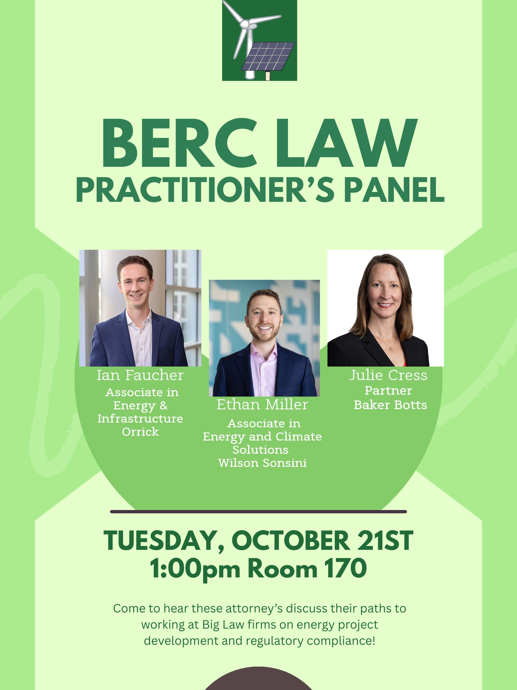 BERC law practitioner’s panel. Three head shots of speakers: Ian Faucher, Associate at Orrick; Ethan Miller, Associate at Wilson Sonsini; Julie Cress, Partner at Baker Botts